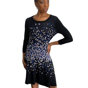MUSE 3/4 LENGTH BLACK MIDI DRESS WITH BLUE & WHITE DESIGNS